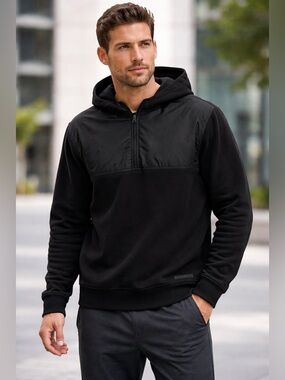 Michael Kors Men’s Black Mixed-Media Hoodie – Size L